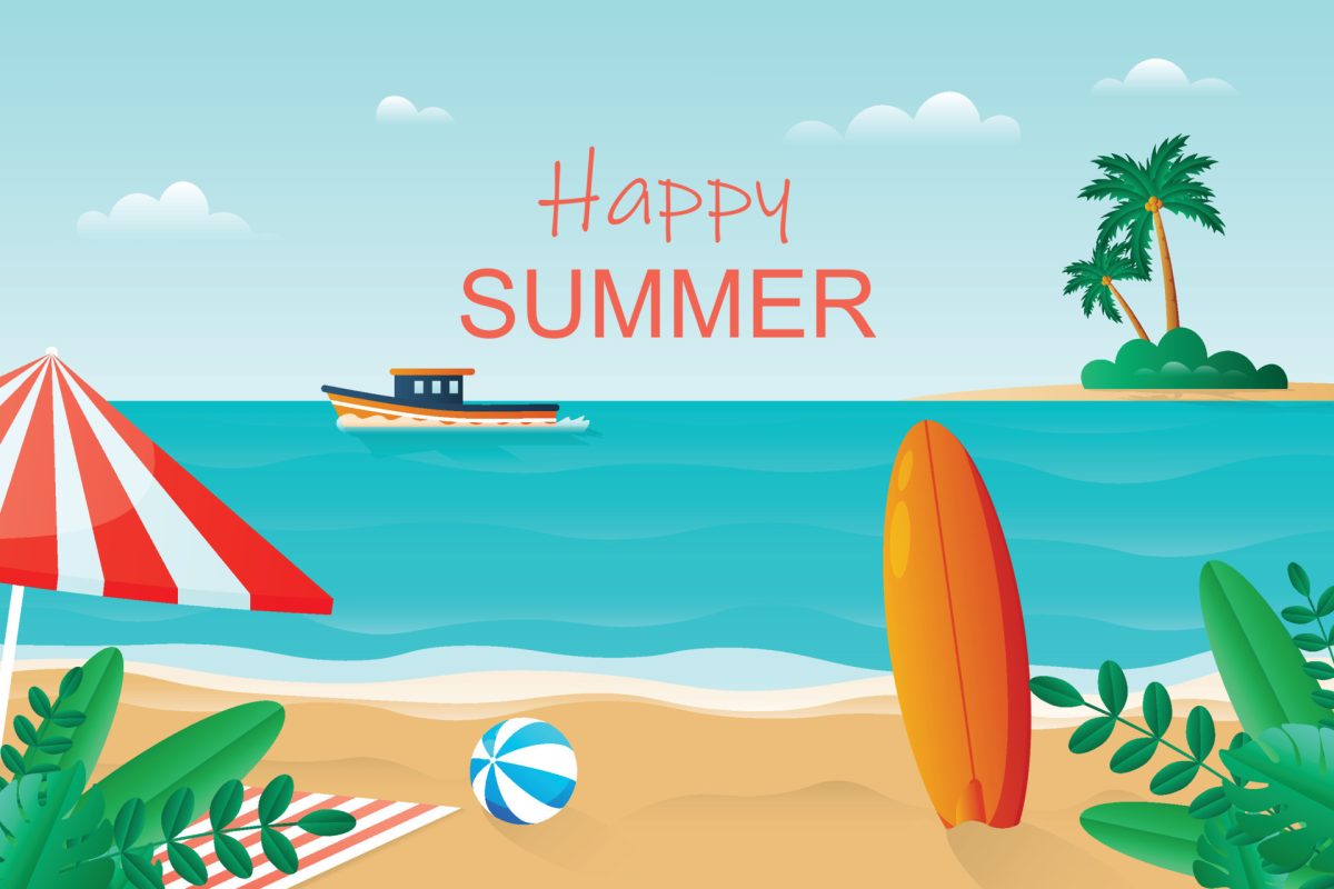 Gradient happy summer background with beach. Vector illustration.